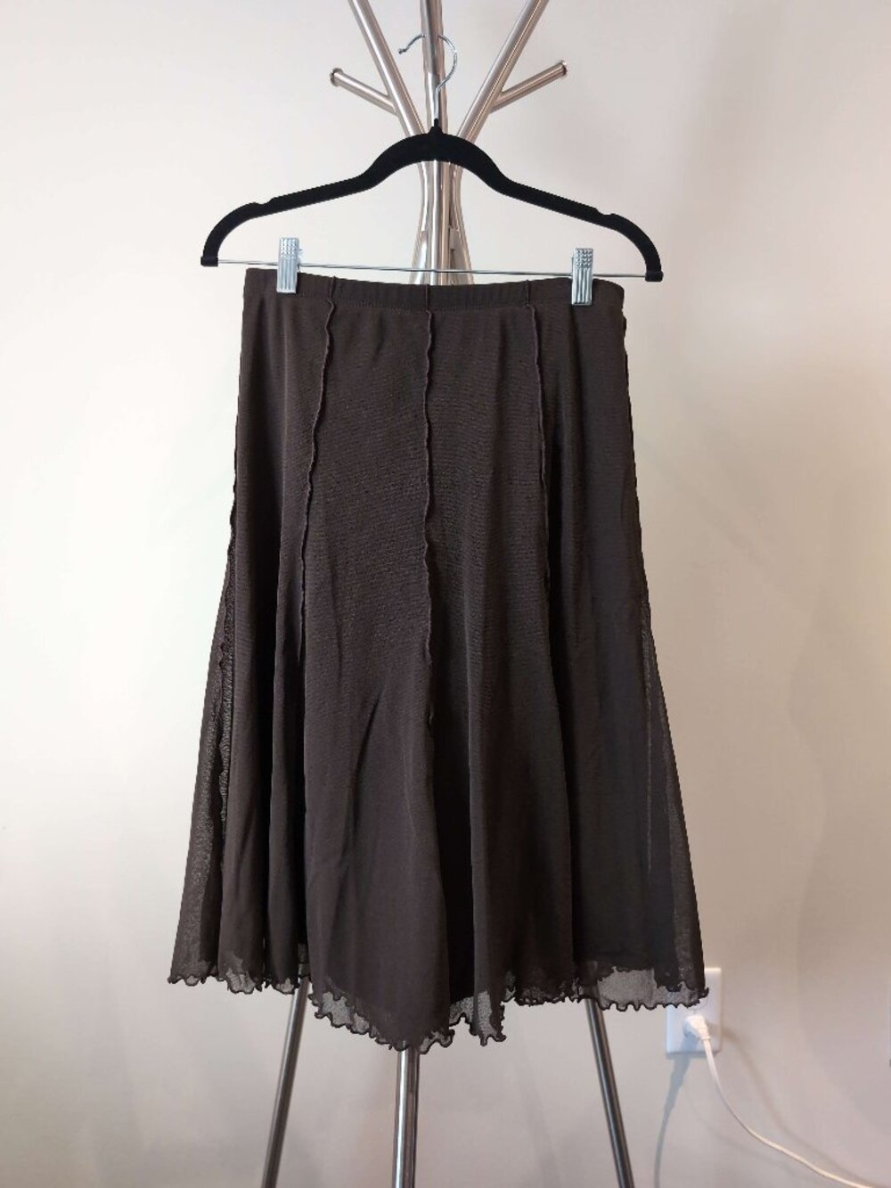 Mexx Dark Brown Flared A-Line Midi Skirt | Scalloped Mesh Hem | 100% Nylon